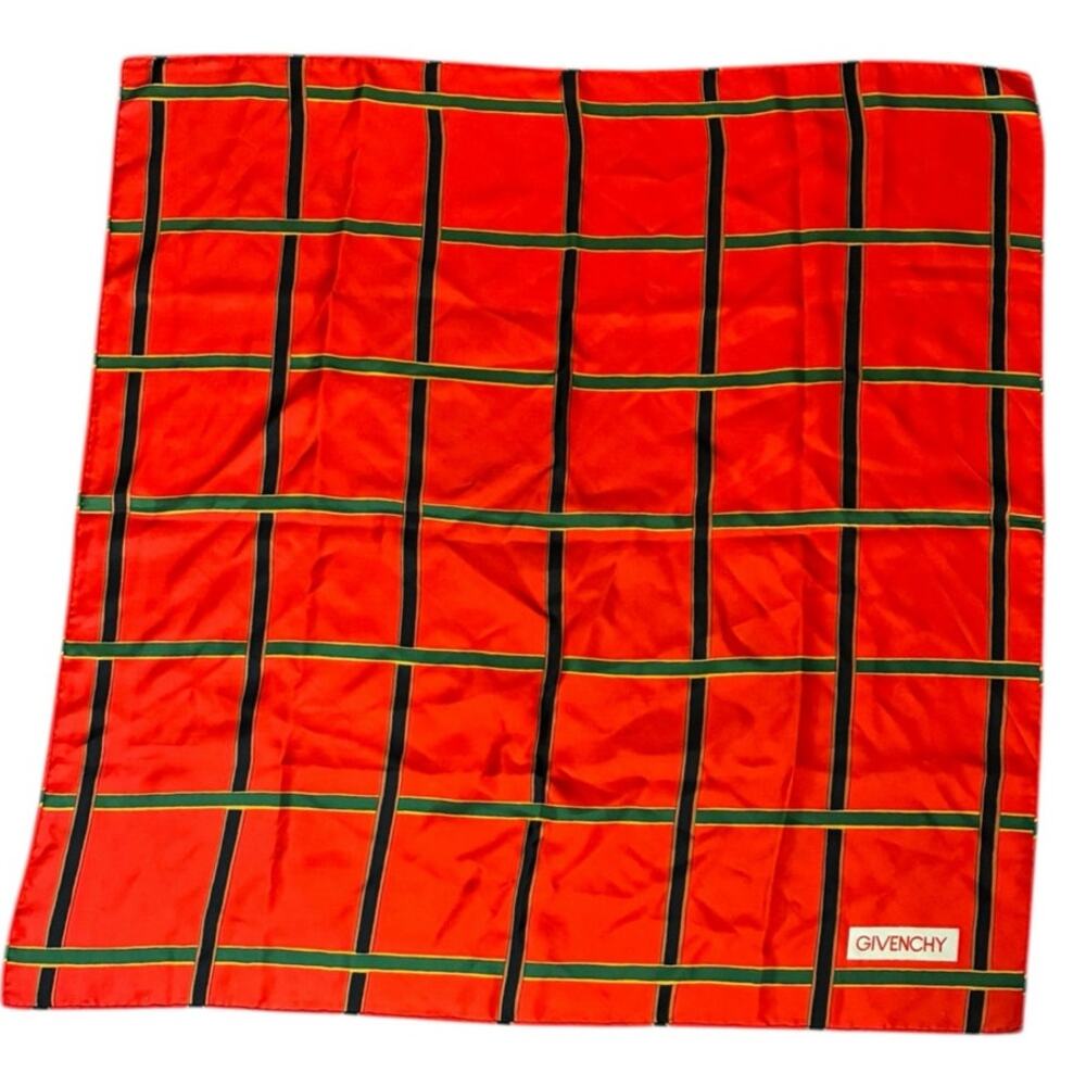 Givenchy Silk Scarf Red Green Striped Logo Designer Foulard Hand Rolled 30 in